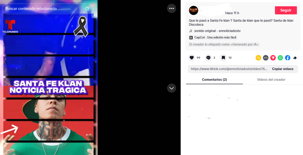 Captura de pantalla de una publicación en la que se asegura que murió Santa Fe Klan, precisamente indicando que mataron al artista