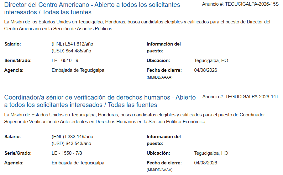 Vacantes de la Embajada de Estados Unidos en Honduras