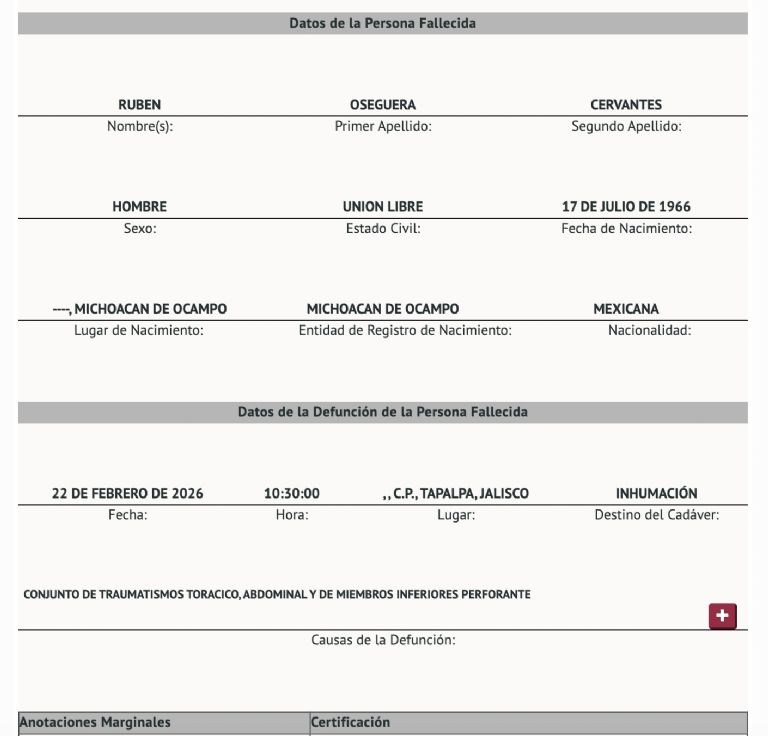 Ficha forense de El Mencho. 