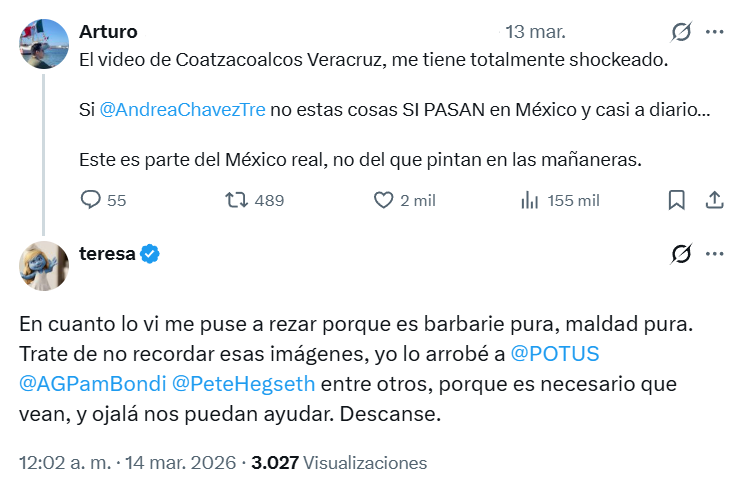 Capturas de pantalla de comentarios sobre el video del CJNG en Coatzacoalcos, en Veracruz