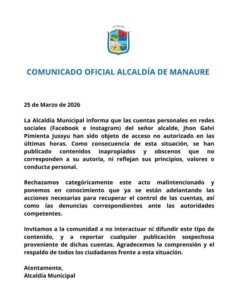 Comunicado de la Alcaldía de Manaure tras el video filtrado de Jhon Galvis Pimienta Jusayu con Katherin Paola Torres Barros