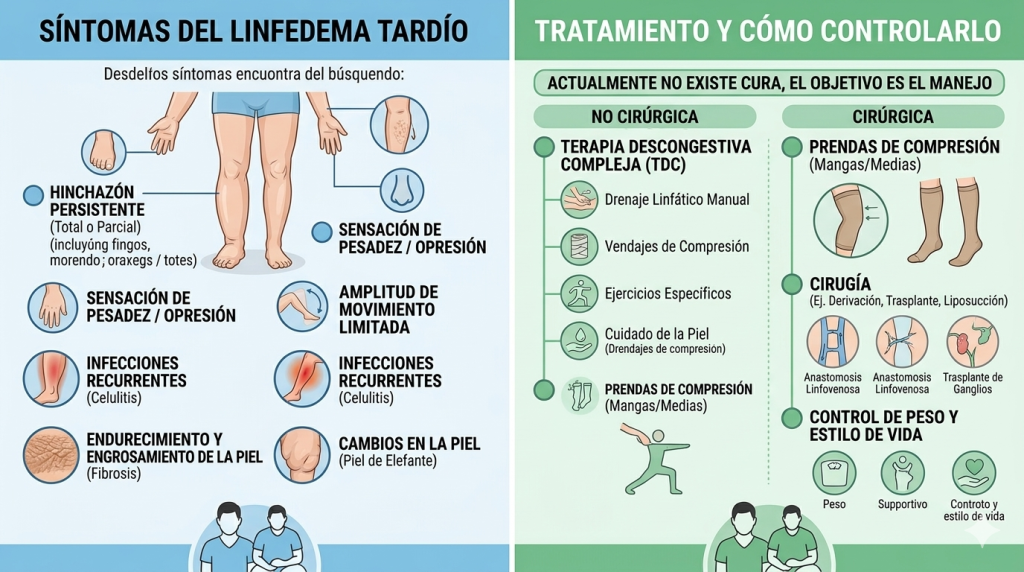 Síntomas y tratamiento del linfedema tardío.