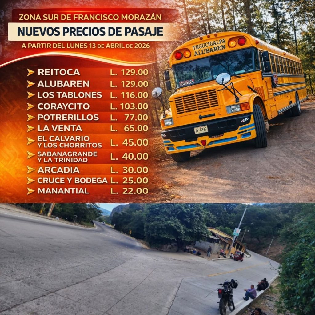 Tabla con el precio de los pasajes