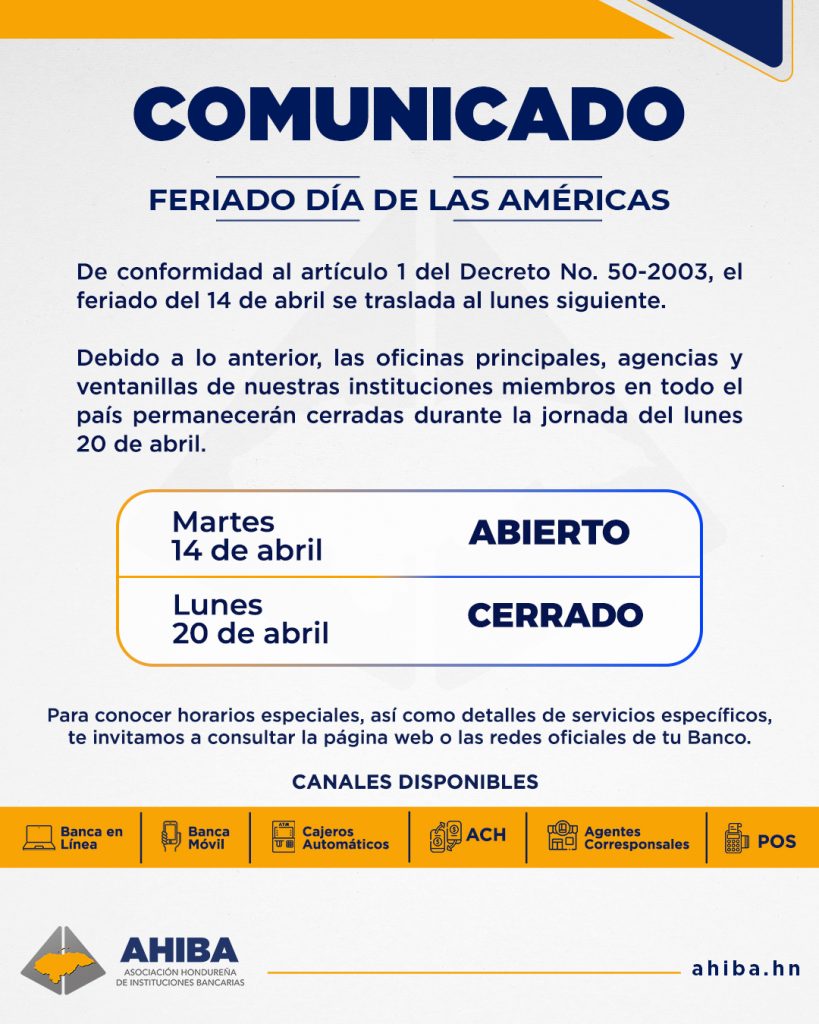 Comunicado sobre los bancos abiertos en Honduras