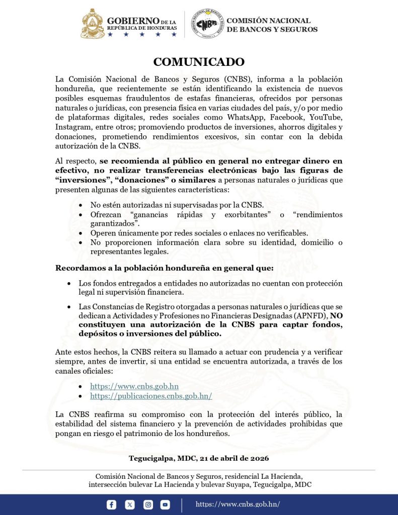 Comunicado de la CNBS