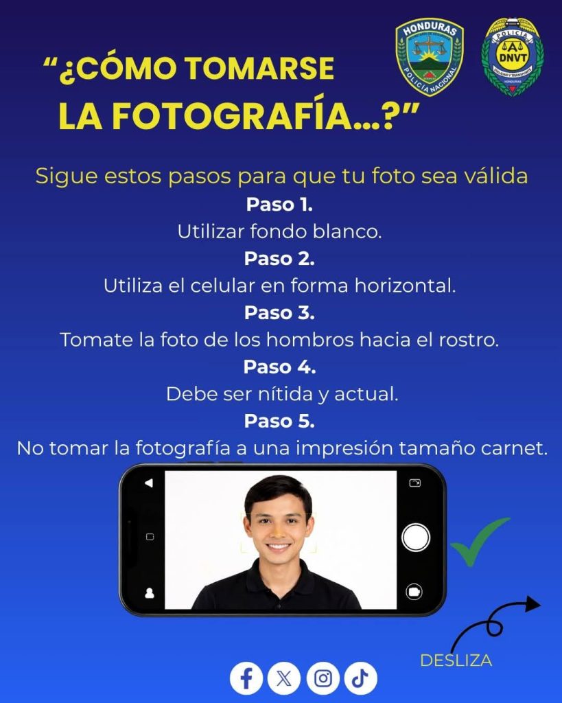 Foto con los requisitos para la fotografía de la licencia de conducir en Honduras