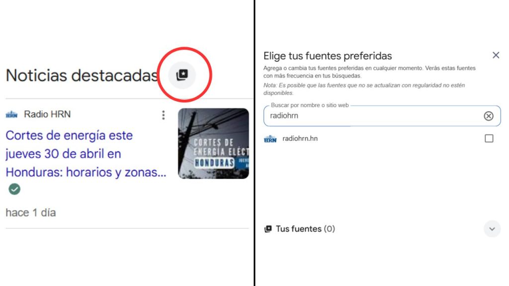 Captura de pantalla de HRN como Fuentes Preferidas en Google