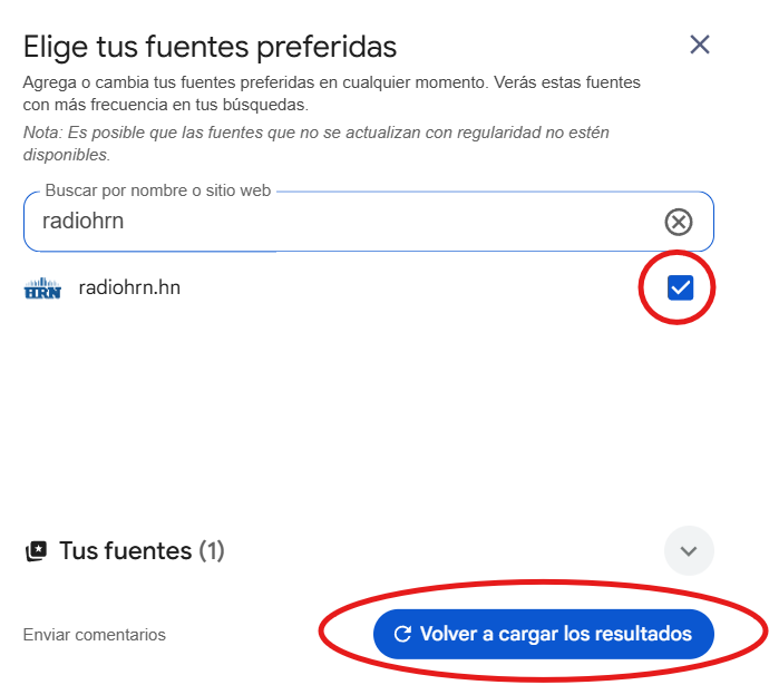 Captura de pantalla de HRN como Fuentes Preferidas en Google