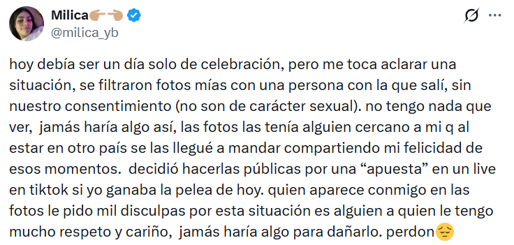 Captura de pantalla de la publicación de Milica sobre las fotos filtradas y el video en la bañera con Westcol que se hizo viral en Twitter y Telegram