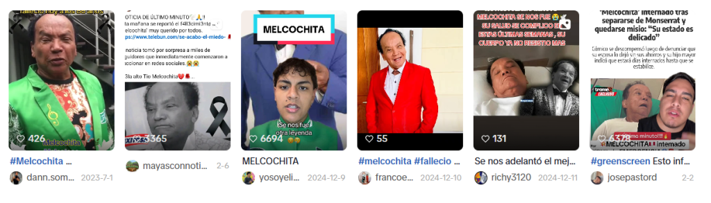 Captura de pantalla de publicaciones que difundieron la supuesta muerte de Melcochita
