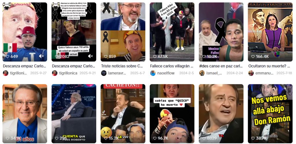 Captura de pantalla de publicaciones en las que se lee que murió Carlos Villagrán aunque no es verdad porque Kiko sigue vivo