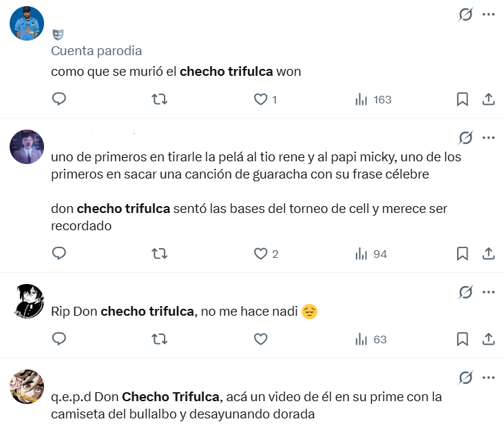Captura de pantalla de comentarios que mencionan sobre que Don Checho Trifulca supuestamente murió hoy 2026