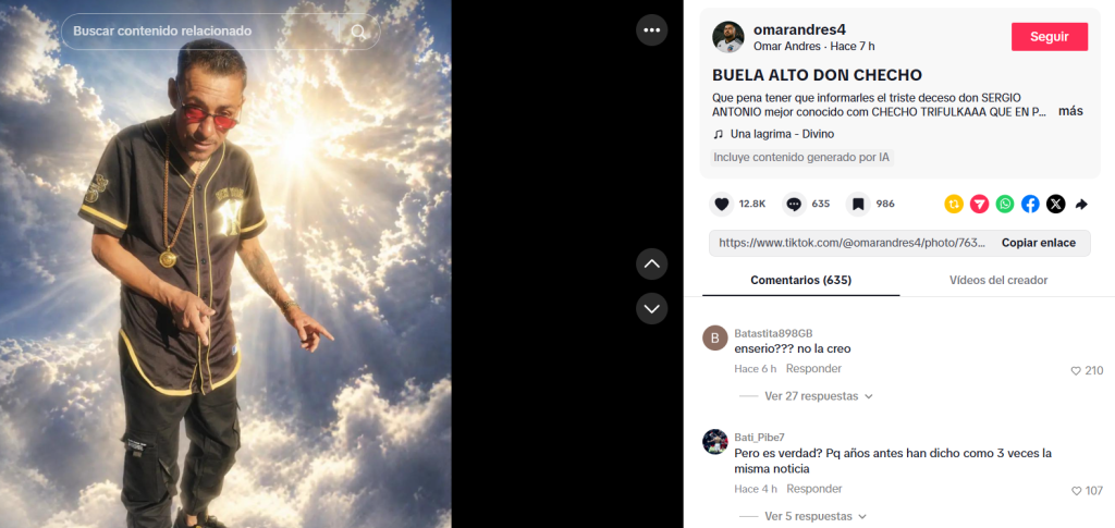 Captura de pantalla de una publicación que difundió que supuestamente muere Don Checho Trifulca hoy 2026