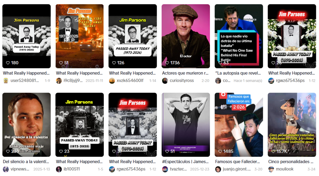 Captura de pantalla de publicaciones en las que se aseguró que murió Jim Parsons, aunque no es verdad que falleció