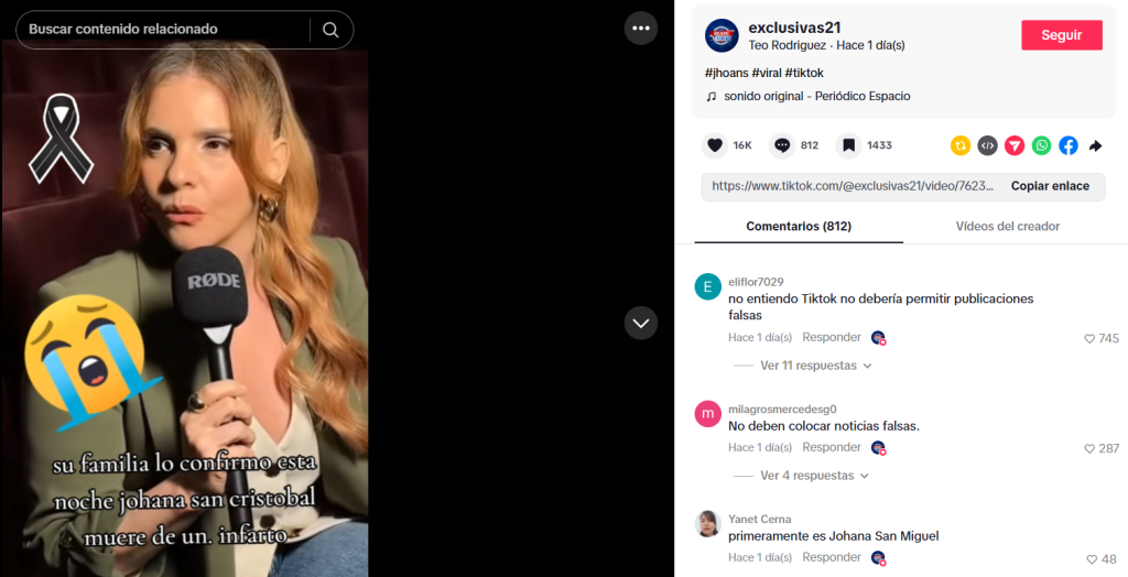 Captura de pantalla de una publicación en la que se lee que murió Johanna San Miguel hoy en 2026, pese a que no es verdad que falleció