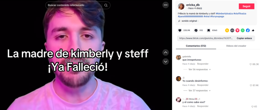 Captura de una publicación en la que se difundió que falleció la mamá de Kimberly Loaiza aunque no es verdad que murió