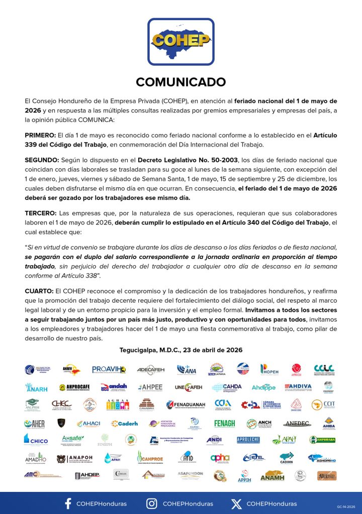 Comunicado del Cohep sobre el pago en el feriado del 1 de mayo, Día del Trabajador