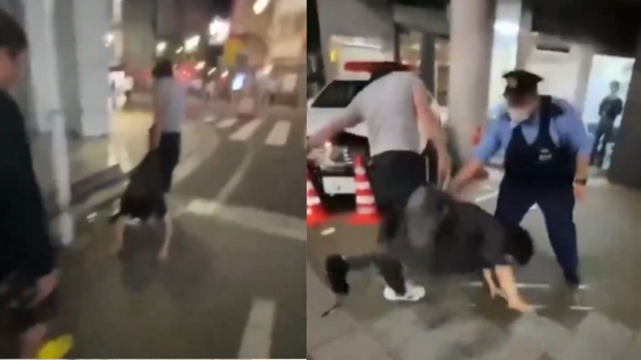 Imagen de Graban cuando hombre arrastra a su pareja a estación policial por engañarlo con otro