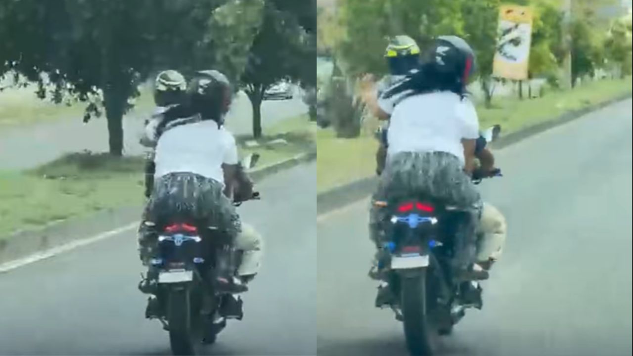 Imagen de ¡Peligro en la vía! Madre transporta a su hijo en el aire a bordo de motocicleta