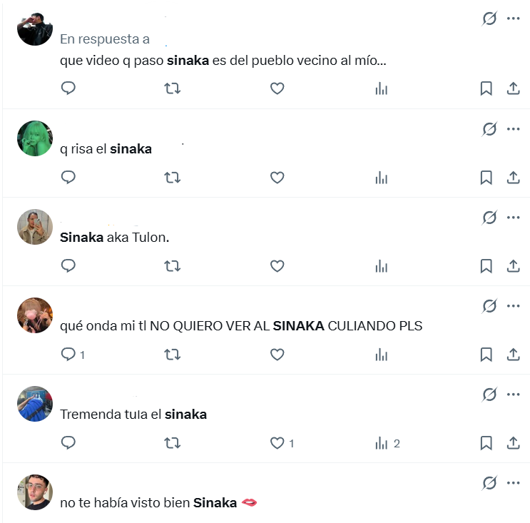 Captura de pantalla de comentarios que hablan sobre el video filtrado de Sinaka, el cual se hizo viral en Twitter y Telegram