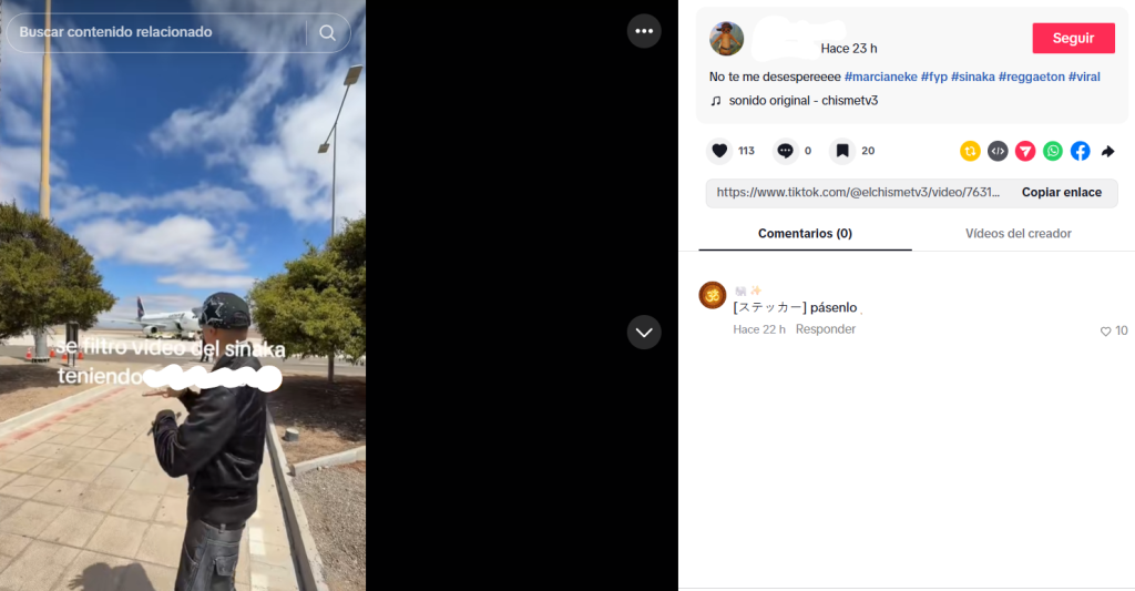 Captura de pantalla de una publicación que habla sobr el video filtrado de Sinaka, el cual se hizo viral en Twitter y Telegram