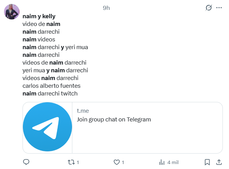 Captura de pantalla de una publicación en la que se habla sobre el video filtrado de Naim Darrechi y Kelly Medanie que es viral en Twitter y Telegram