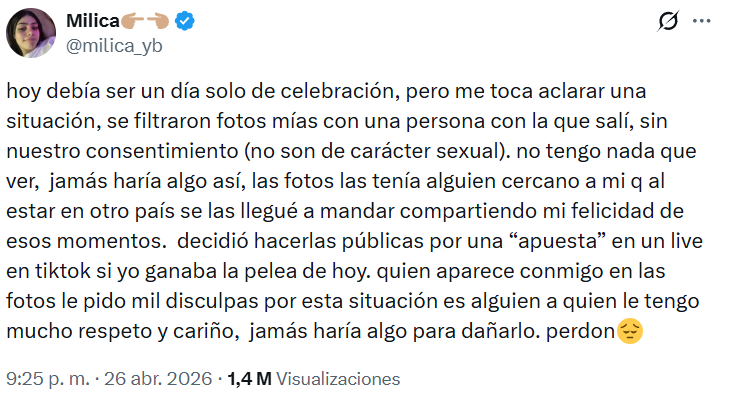 Captura de pantalla de la publicación de Milica sobre las fotos filtradas con Westcol que se hizo viral en Twitter y Telegram