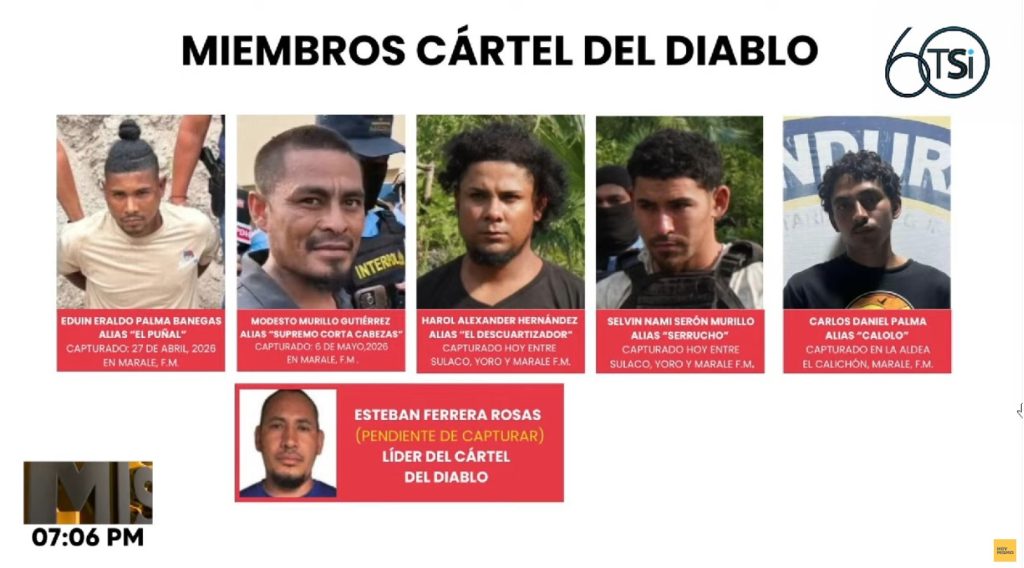 Miemmbros del 'Cártal del Diablo' capturados y su líder, que está pendiente de ser detenido.