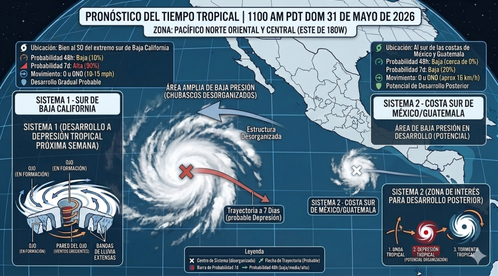 Detalle de los dos fenómenos en el Pacífico monitoreados por el NHC.