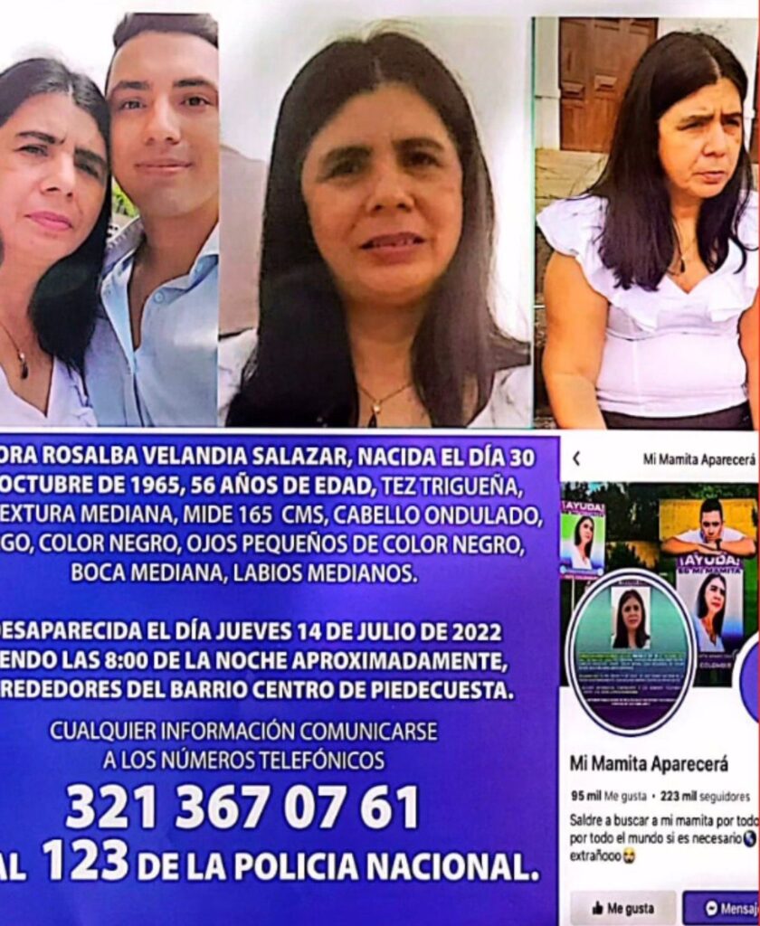 Afiche de búsqueda de Rosalba Belandia Salazar , desaparecida desde 2022 en Colombia.