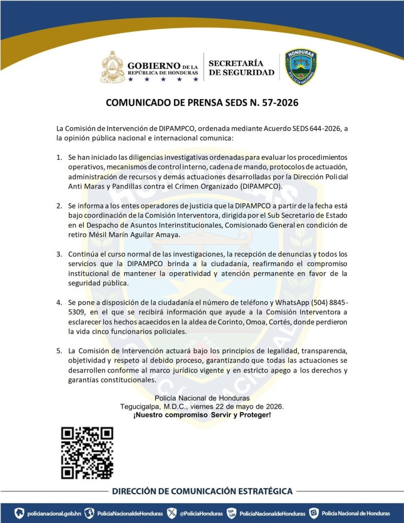 Comunicado de la Secretaría de Seguridad sobre la intervención en la Dipampco.