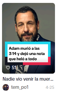 Captura de pantalla de una publicación en la que se difundió que Adam Sandler murió hoy 2026 aunque no es verdad que falleció