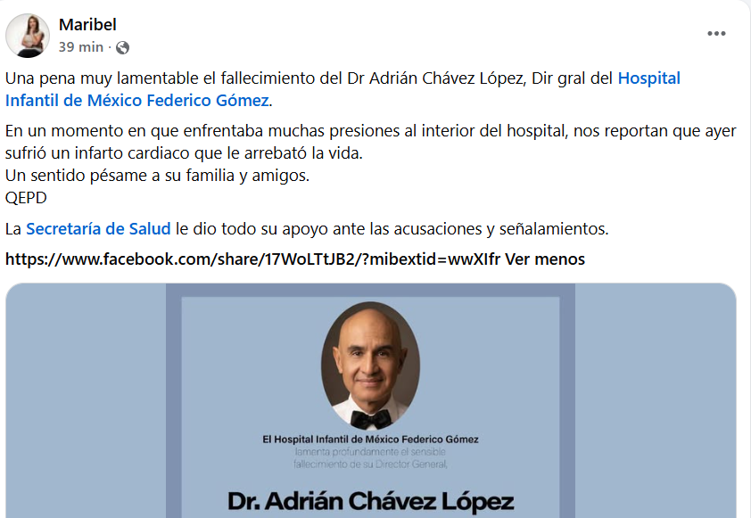 Captura de pantalla de una publicación sobre la causa de muerte del doctor Adrián Chávez López