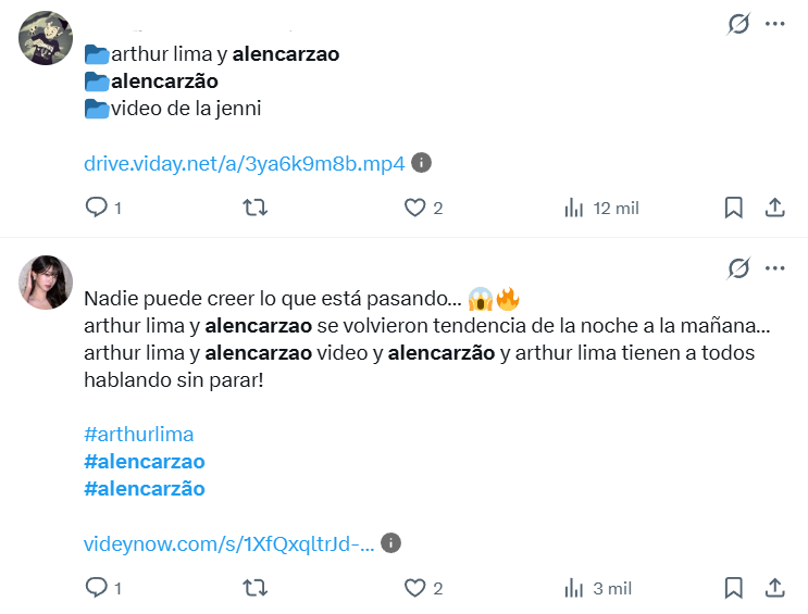 Captura de pantalla de publicaciones Twitter en las que se habla del video filtrado de Arthur Lima y Alencarzão que se volvió viral completo