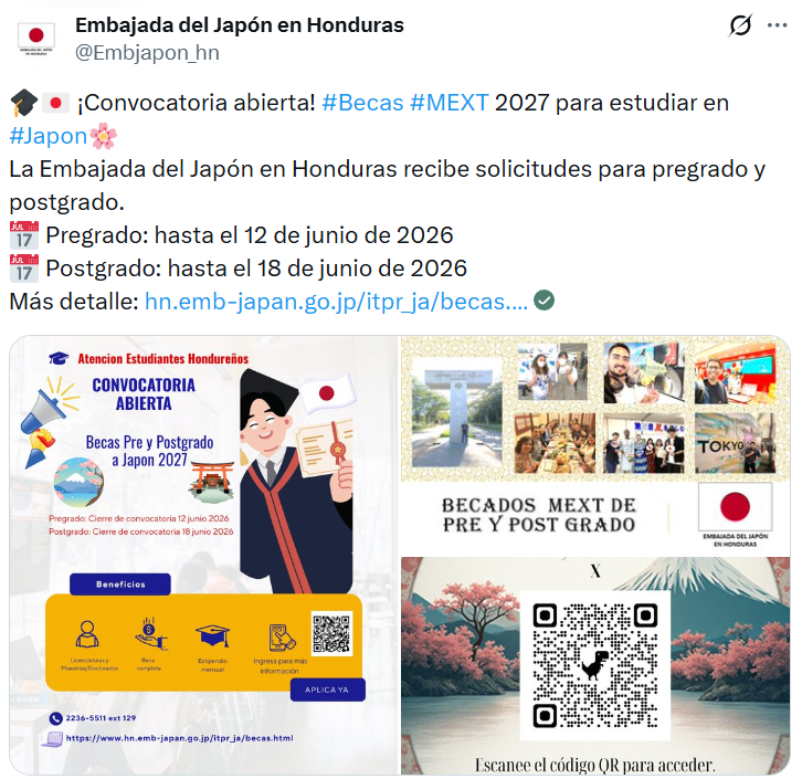 Captura de pantalla de la publicación sobre las becas en Japón