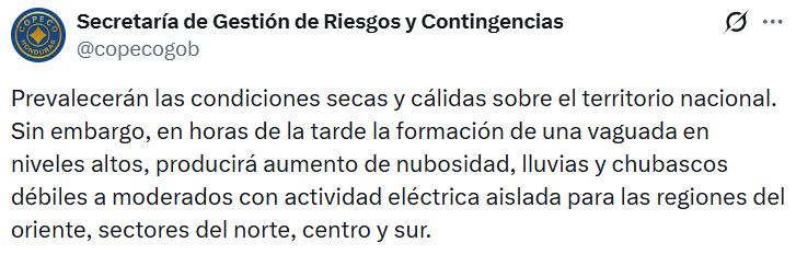 Captura de pantalla de una publicación sobre el clima en Honduras