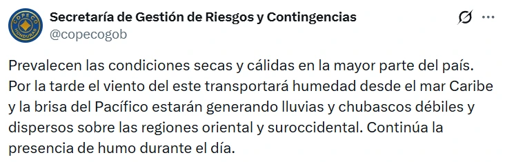 Captura de pantalla con el pronóstico del clima en Honduras