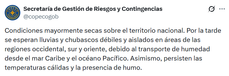 Captura de pantalla de una publicación sobre el clima en Honduras
