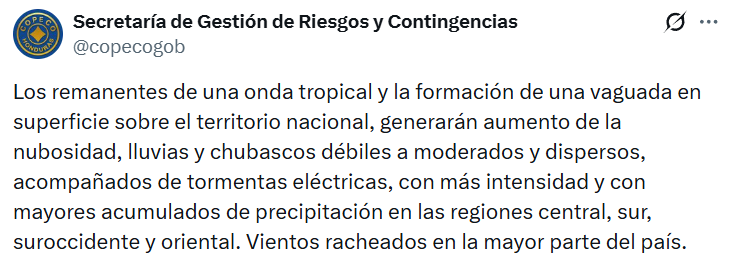 Captura de pantalla del pronóstico del clima, donde se prevén lluvias con tormentas eléctricas en Honduras