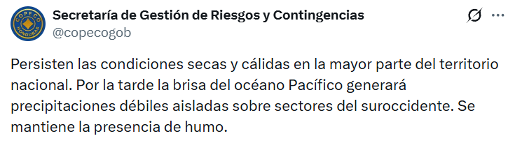 Captura de pantalla de una publicación sobre el clima en Honduras