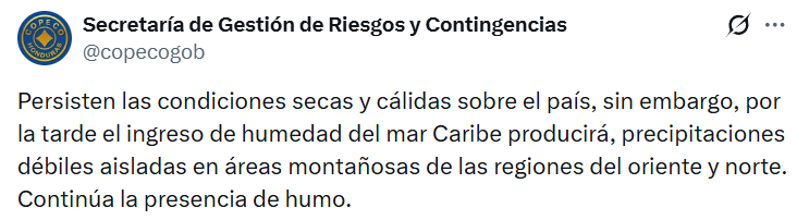 Captura de pantalla de la publicación donde se informa sobre el calor en Honduras