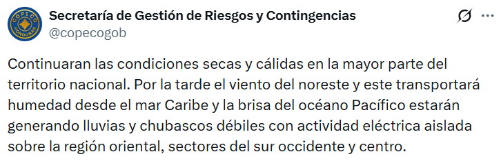 Captura de pantalla de una publicación sobre el clima en Honduras