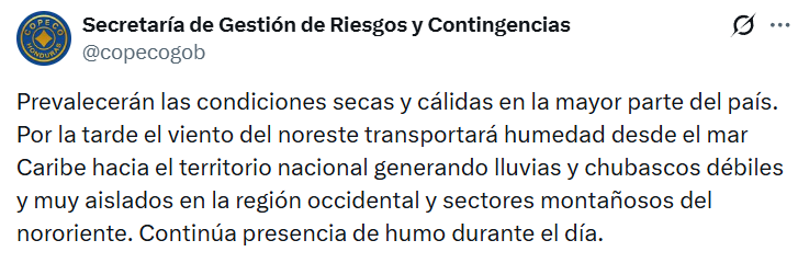 Captura de pantalla con el pronóstico del clima en Honduras para este martes
