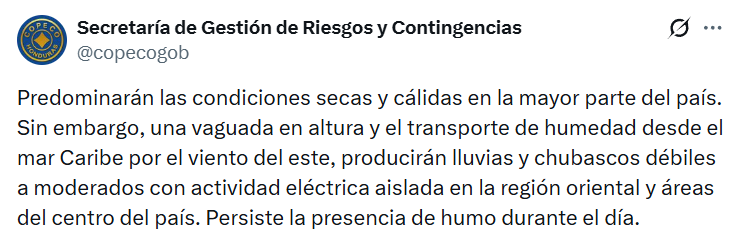 Captura de pantalla de una publicación con el pronóstico del clima en Honduras