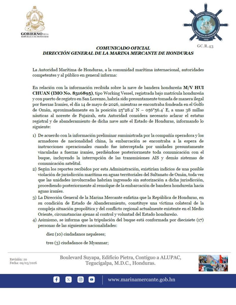 Comunicado emitido por la Marina Mercante.