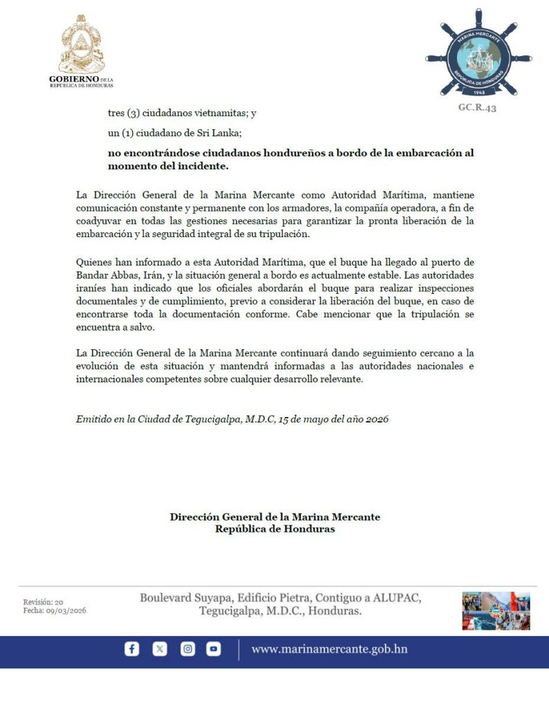 Comunicado emitido por la Marina Mercante.