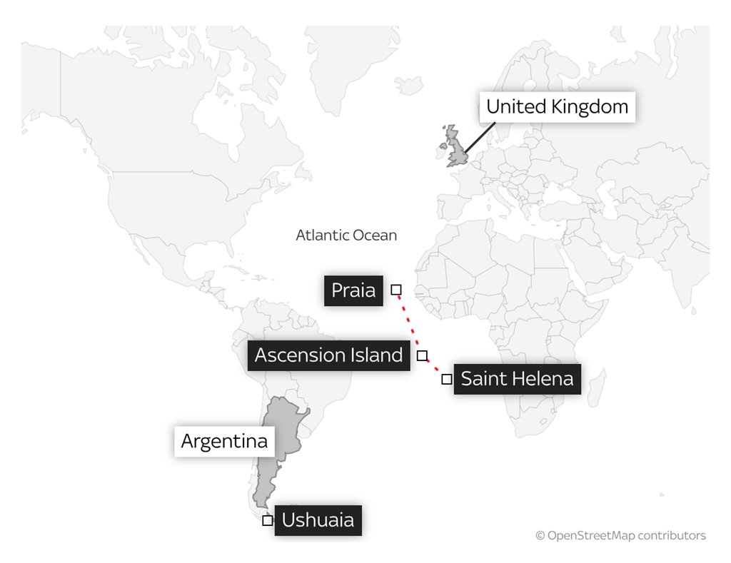 Mapa con la trayectoria del crucero en el que se reportó un brote de hantavirus