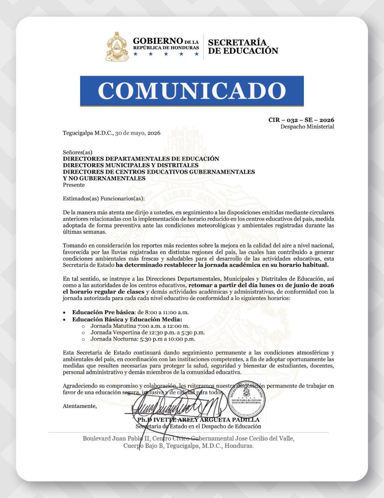 Comunicado de la Secretaría de Educación sobre el horario de clases en las escuelas de Honduras