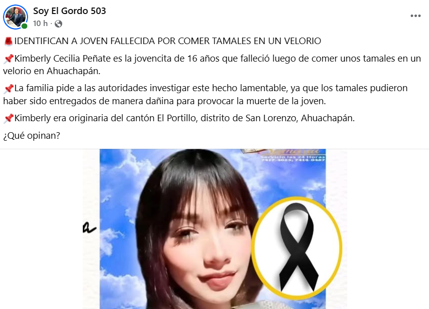 Captura de pantalla de una publicación sobre la muerte de Kimberly Cecilia Peñate León