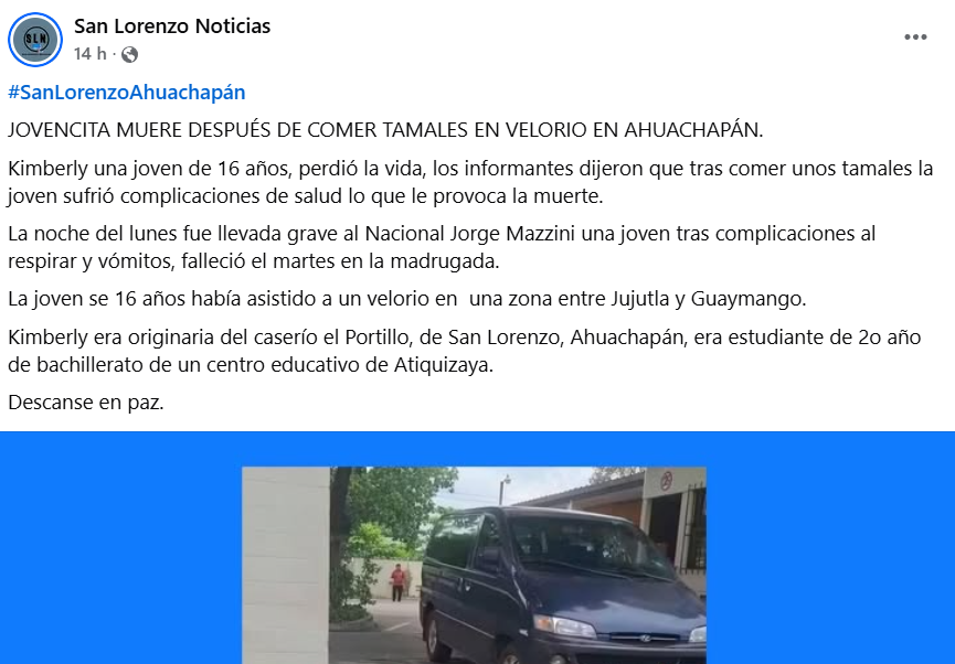 Captura de pantalla de la publicación del caso de la joven que murió tras comer tamales en un velorio